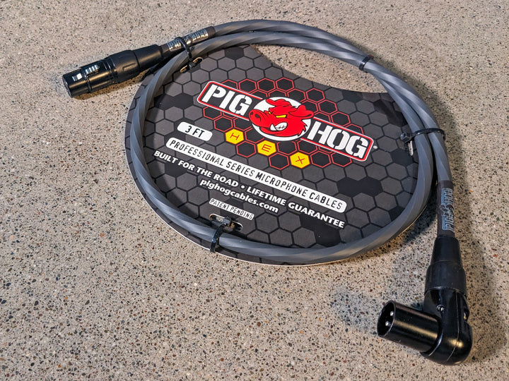 Pig Hog PHMH3GRR Hex Series, 3ft Right Angle Mic (XLR) Cable, Grey