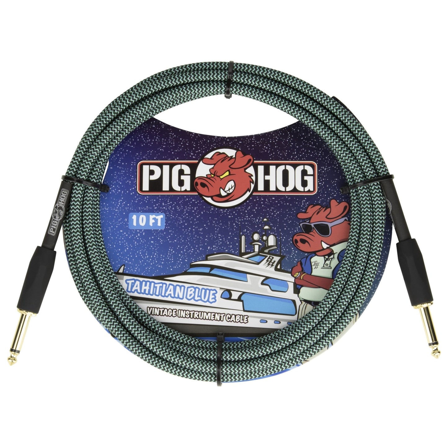 Pig Hog 10-Foot Vintage Woven Instrument Cable, 1/4" Straight, Tahitian Blue