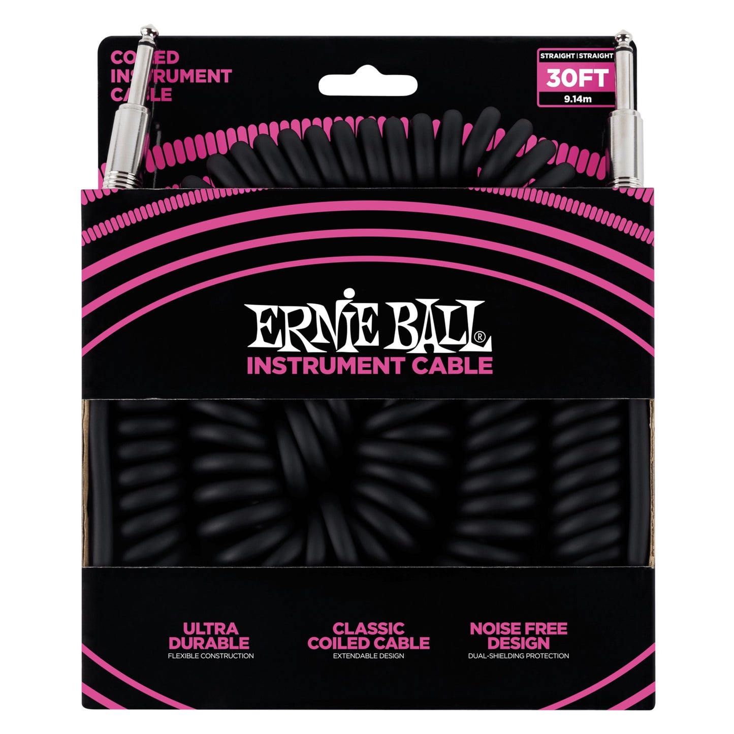 Ernie Ball 30' Coiled Straight / Straight Instrument Cable, Black