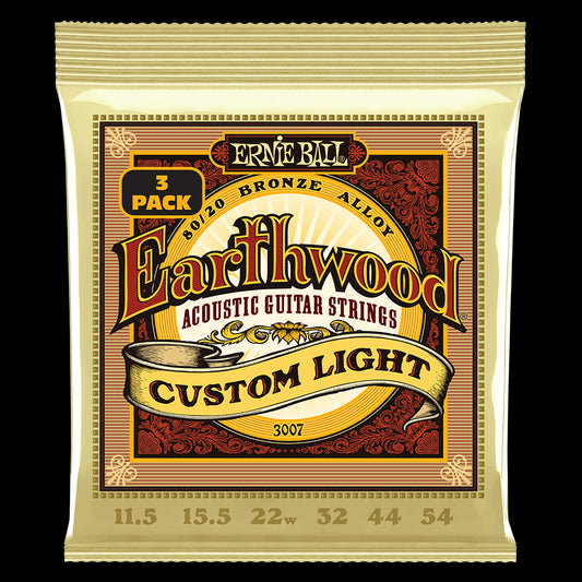 Ernie Ball 3007 Custom Light Earthwood 80/20 Bronze Acoustic Guitar Strings 11.5-54 Gauge - 3 Pack