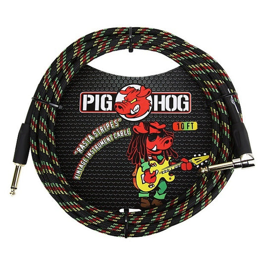 Pig Hog "Rasta Stripes" Woven Vintage Instrument Cable - 10 FT Right Angle (PCH10RAR), Reggae