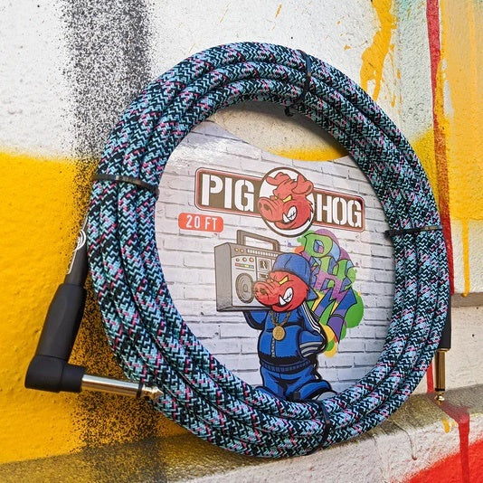 Pig Hog "Blue Graffiti" Woven Instrument Cable, 20-Foot Right Angle