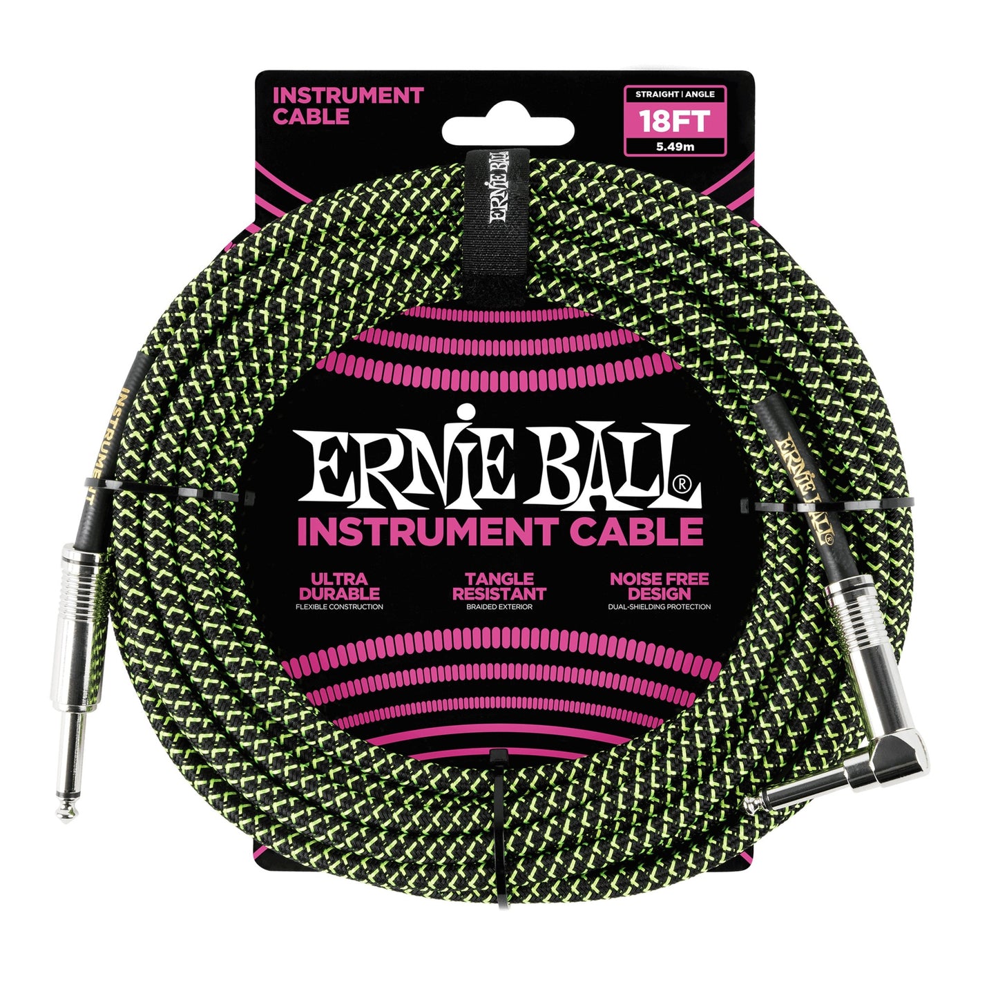 Ernie Ball 18' Braided Straight / Angle Instrument Cable, Black / Green