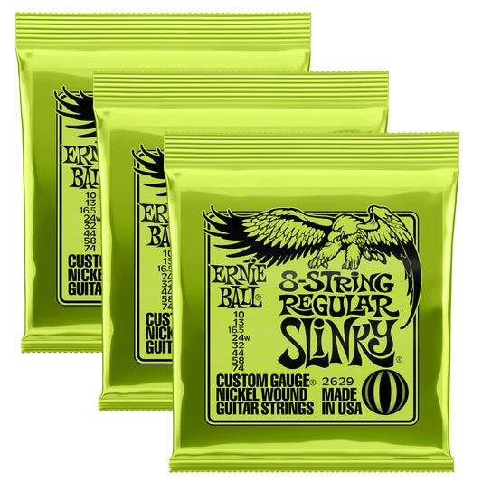 3-Pack Ernie Ball 2629 8-String Regular Slinky Guitar Strings, 10-74