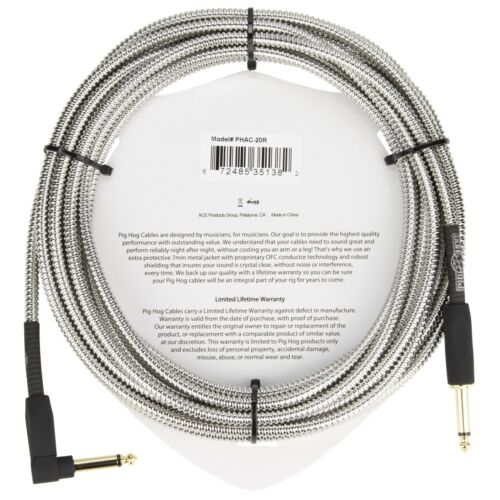 Pig Hog "Armor Clad" Instrument Cable, 20 Feet, 1/4"-1/4" Right Angle, Industrial Look (PHAC-20R)