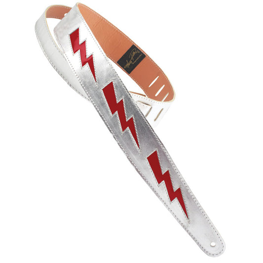 Henry Heller Peru Silver Leather with Red Bolt Cutouts 2" Guitar Strap, Bowie/Glam Rock Style!