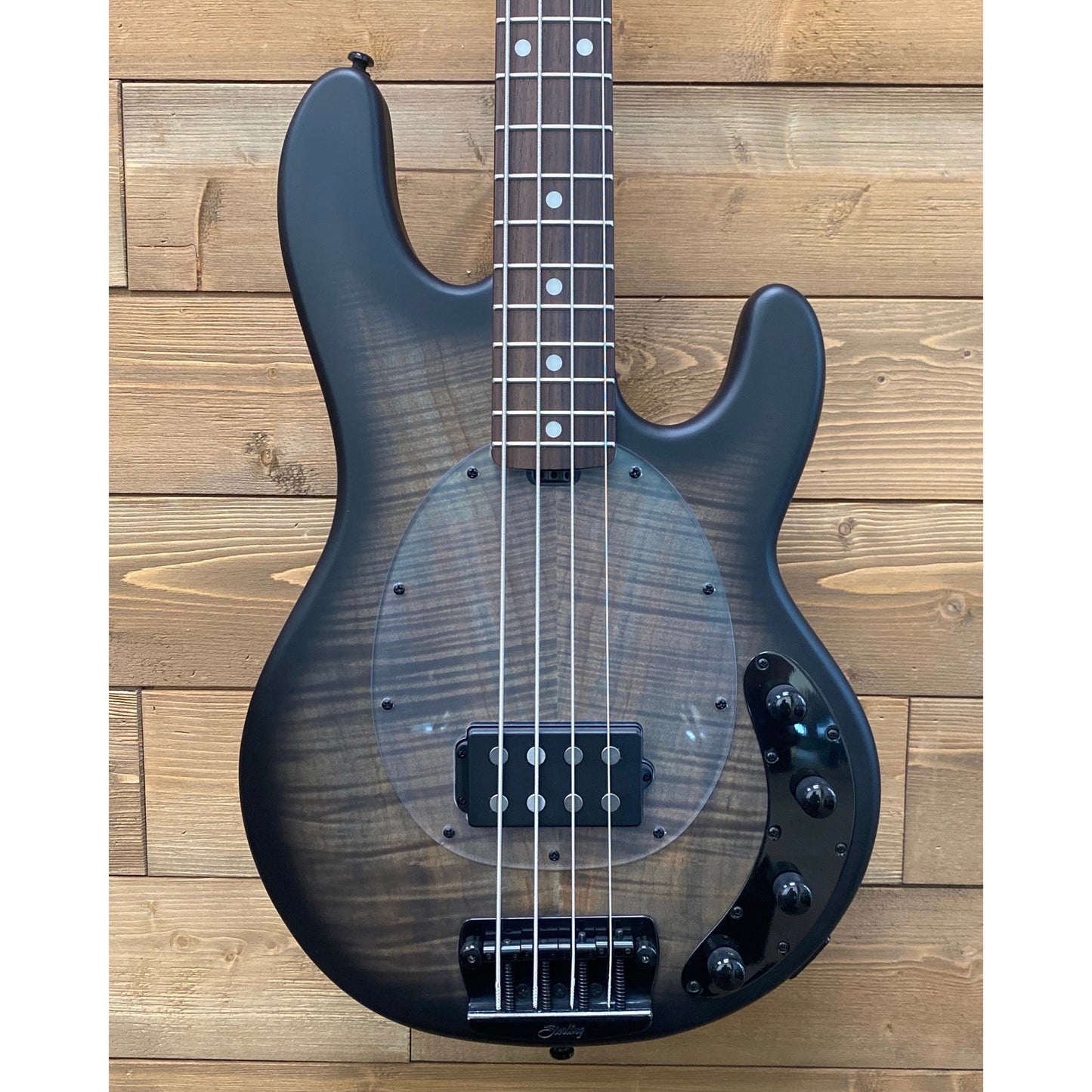 Sterling by Music Man StingRay Ray34, 4-String Bass, Trans Black Satin, Flame Maple, UNIQUE non-production sample (MINT)