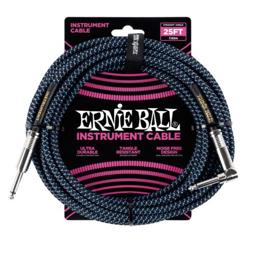 Ernie Ball 25' Braided Straight / Angle Instrument Cable, Black / Blue