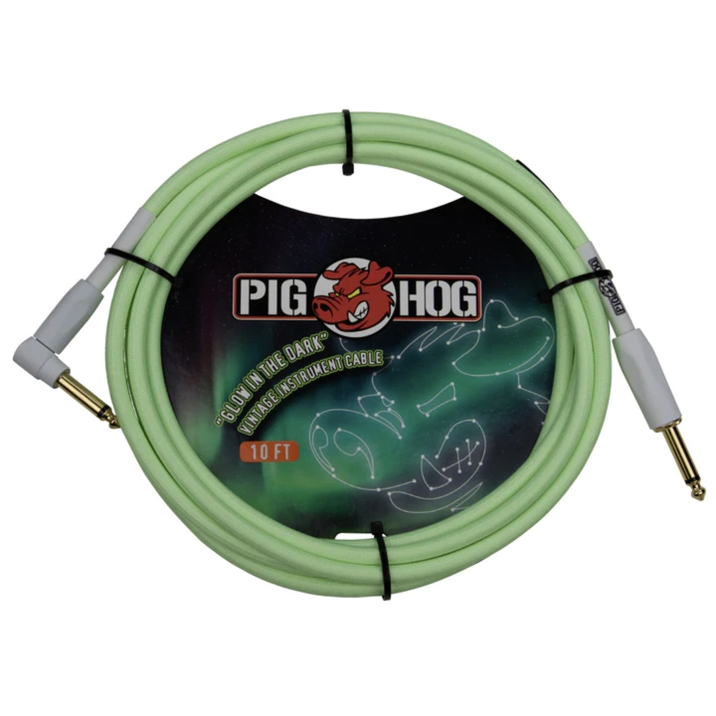 Pig Hog Glow-in-the-Dark Vintage Woven Instrument Cable, 10-foot, Straight-to-Angle, 1/4" Plugs