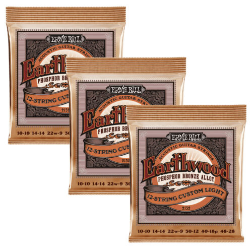 Ernie Ball Custom Light Earthwood Phosphor Bronze 12-String Acoustic Guitar Strings, 10-48 Gauge (3-Pack)