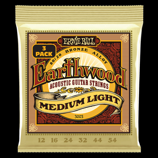 Ernie Ball Medium Light Earthwood 80/20 Bronze Acoustic Guitar Strings, 12-54 Gauge, 3-Pack