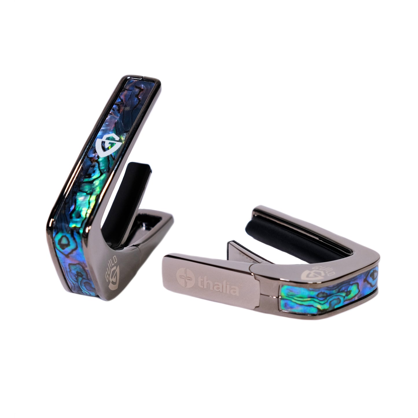 Thalia Guitar Capo - Guild Officially Licensed (With Guild Specific Fret Pad Models) (G-Shield on Blue Abalone, Black Chrome) (TH-GLDCB-04)