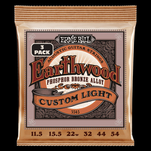 Ernie Ball 3545 Custom Light Earthwood Phosphor Bronze Acoustic Guitar Strings 11.5-54 Gauge - 3 Pack