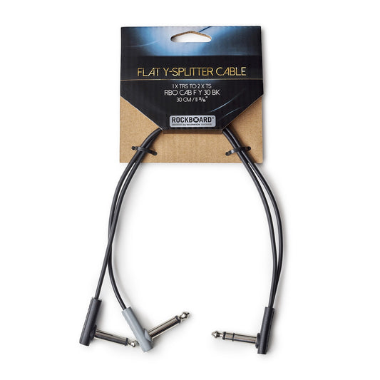 Rockboard Flat Y-Splitter Cable, 1x TRS to 2x TS, 30 CM / 11 13/16" - RBO CAB F Y 30 BK