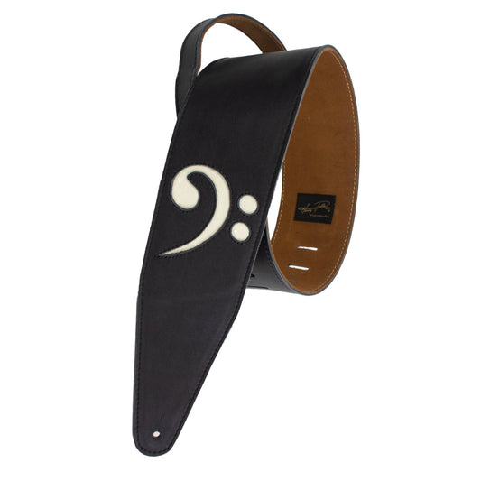 Henry Heller Garment Leather Guitar Strap, 3" Wide, Black with White Bass Clef Cutout HPBC-BLK