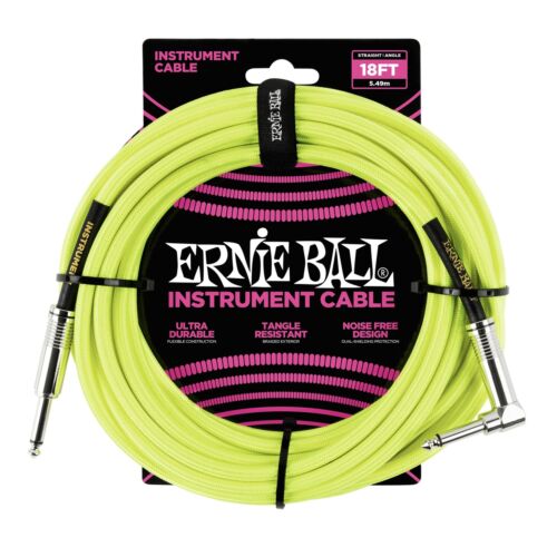 Ernie Ball 18' Braided 1/4" Straight / Angle Instrument Cable, Neon Yellow (18-foot)