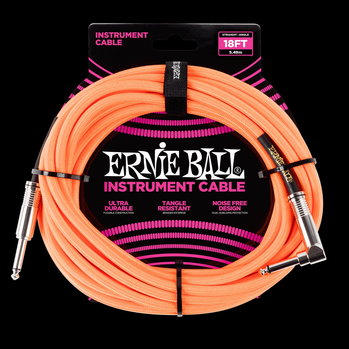 Ernie Ball 18-foot Braided Straight Angle Instrument Cable, Neon Orange