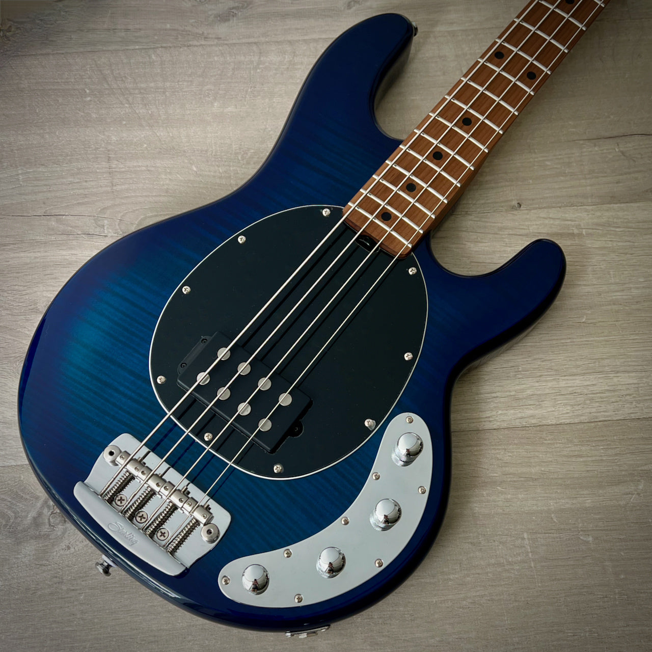 Sterling by Music Man Stingray RAY34FM Flame Maple 4-String Bass, Neptune Blue