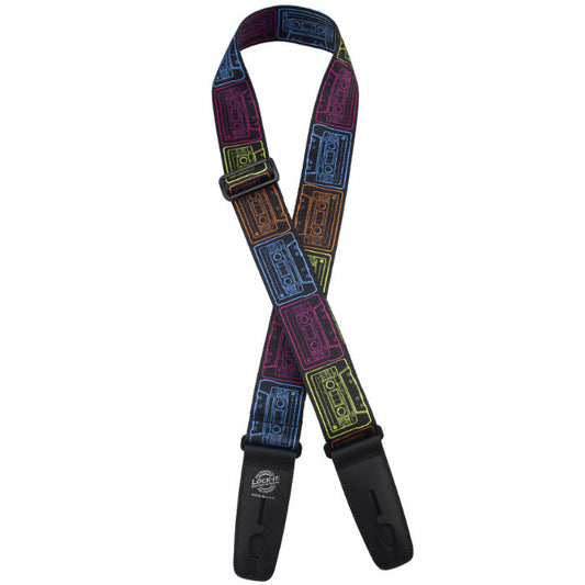 Lock-It Straps 2" Poly Plush Series Guitar Strap, "Vivid Cassettes", integrated strap lock