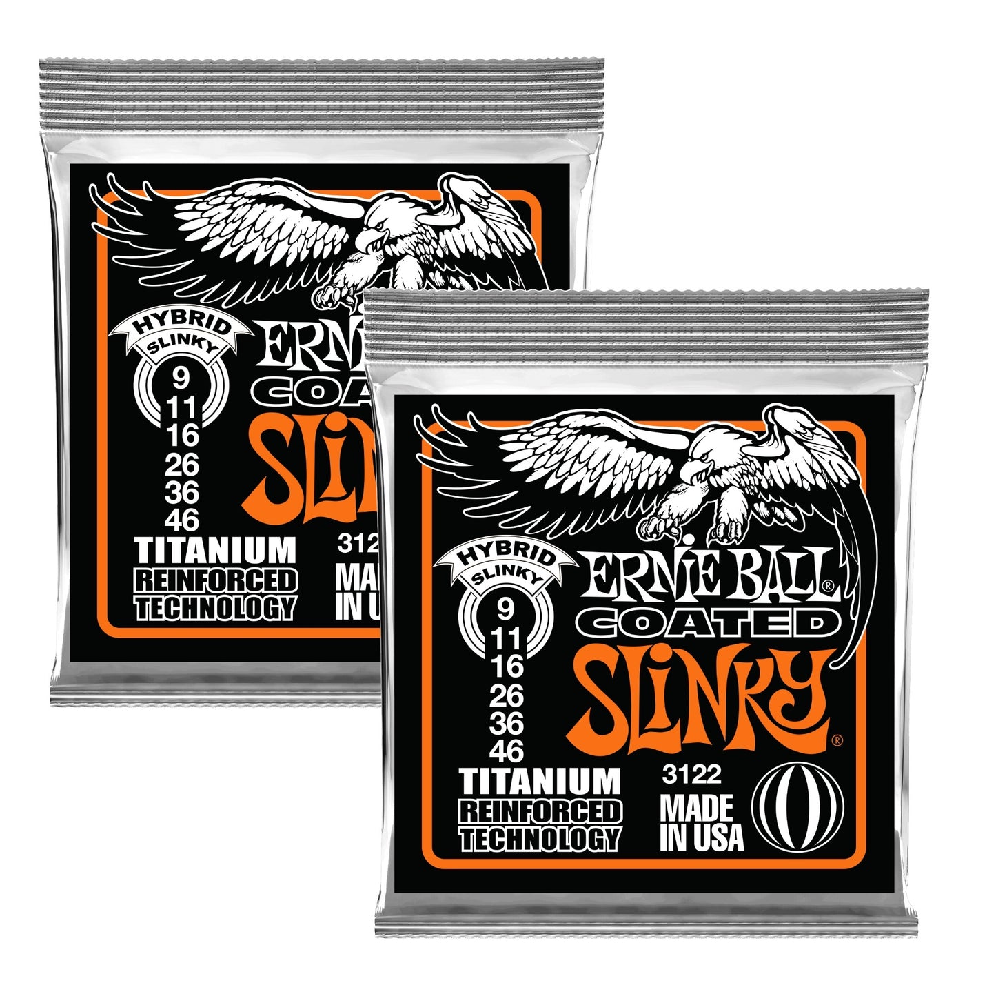 2x (2 sets) Ernie Ball 3122 Electric Hybrid Slinky Coated Titanium RPS Electric Guitar Strings, 9-46