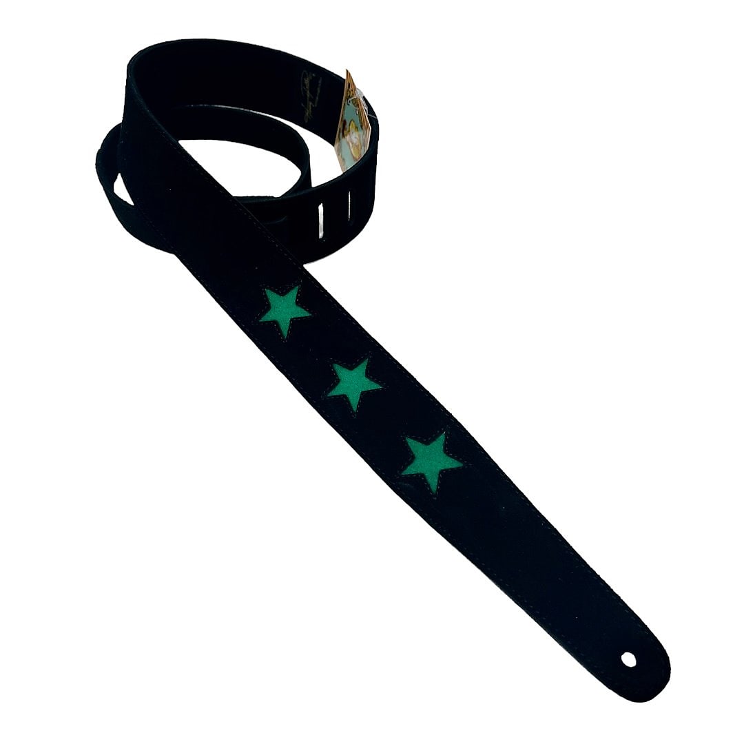 Henry Heller 2" Guitar Strap, Black Suede with Three Green Suede Star Cutouts, Black Suede Backing