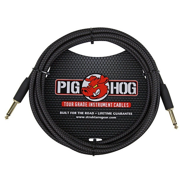 Pig Hog "Black Woven" Tour Grade Instrument Cable, 10ft (straight 1/4"-1/4" plugs), PCH10BK