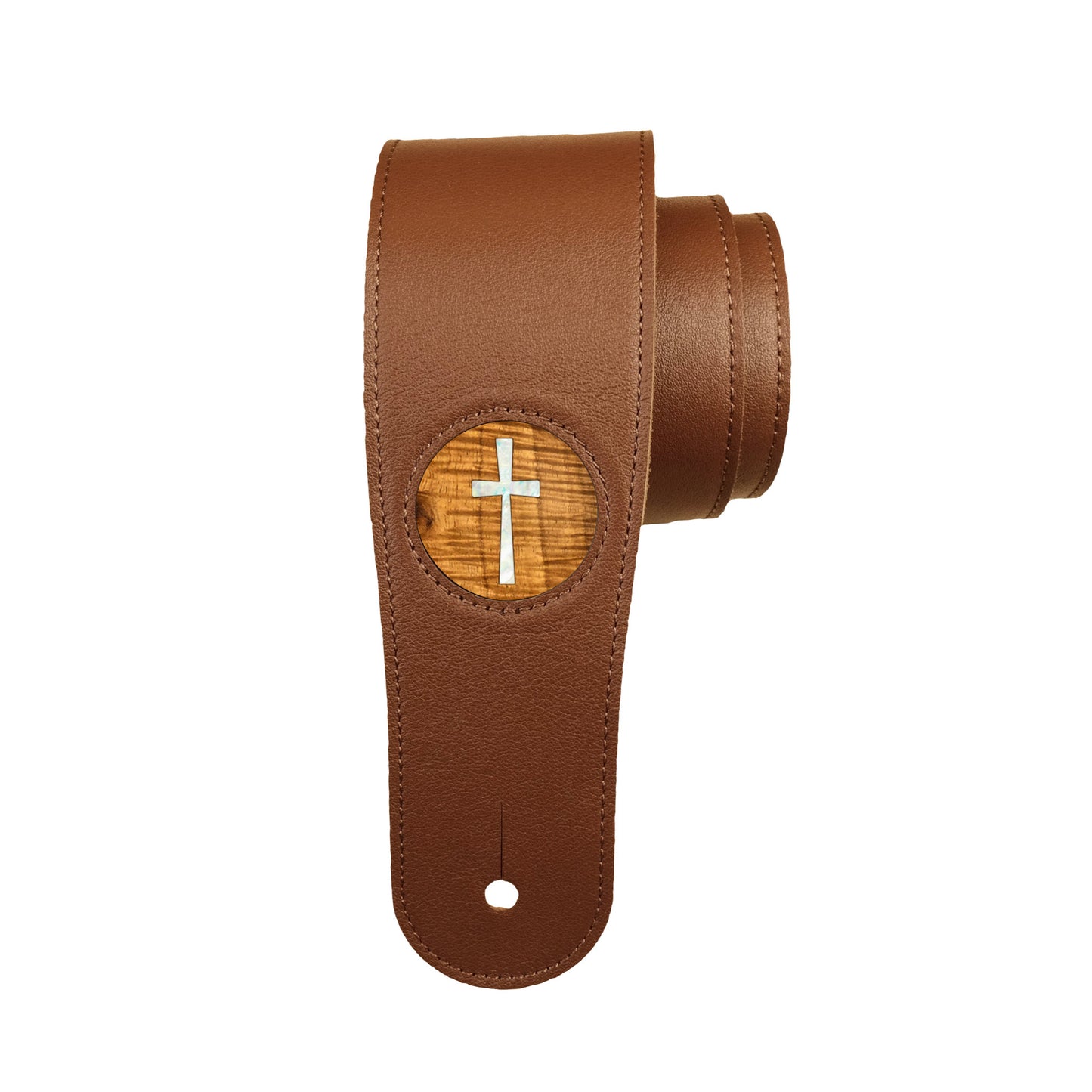 Thalia 2.5" Brown Premium Italian Leather Strap, AAA Hawaiian Koa Disc with Mother of Pearl Cross Inlay (TH-SBRPC-HK)