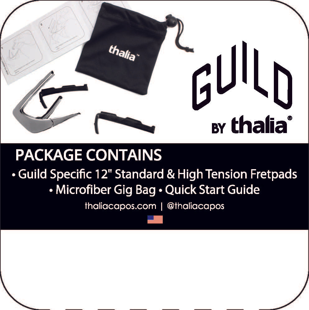 Thalia Guitar Capo - Guild Officially Licensed (With Guild Specific Fret Pad Models) (G-Shield on Koa, Black Chrome)