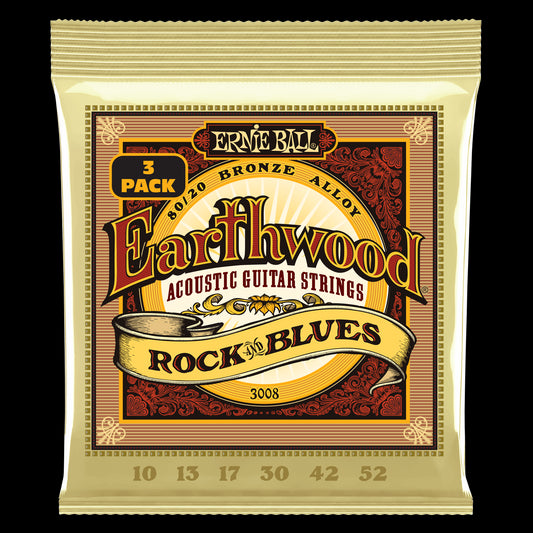 Ernie Ball Rock and Blues w/Plain G Earthwood 80/20 Bronze Acoustic Guitar Strings 10-52 Gauge - 3 Pack