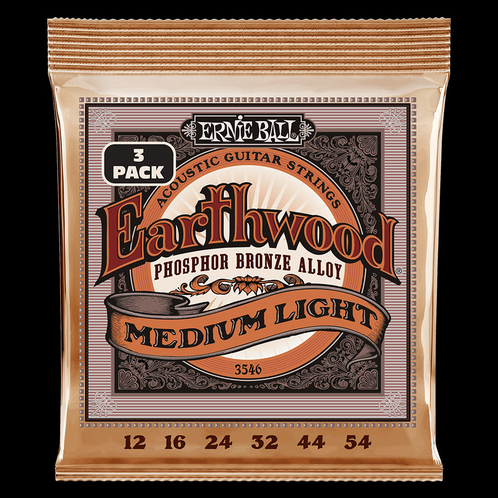 Ernie Ball 3546 Medium Light Earthwood Phosphor Bronze Acoustic Guitar Strings 12-54 Gauge -3 Pack