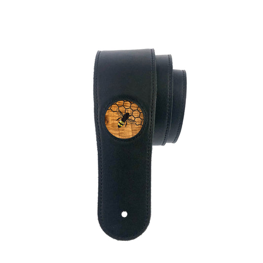 Thalia Handcrafted Italian Leather Strap, Black, with Hawaiian Koa Wood Medallion w "Pearl Bee" Design