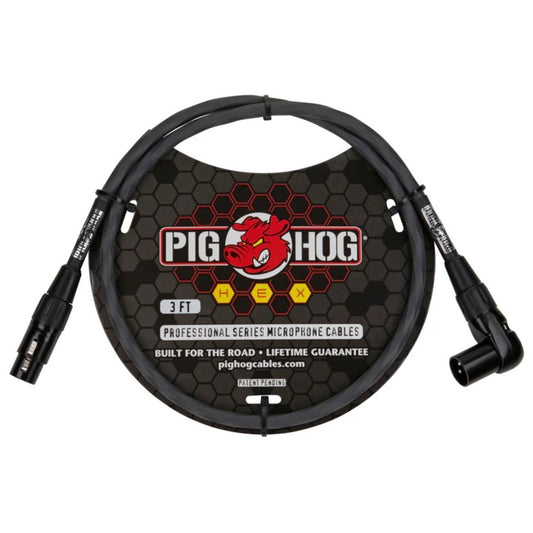 Pig Hog PHMH3GRR Hex Series, 3ft Right Angle Mic (XLR) Cable, Grey