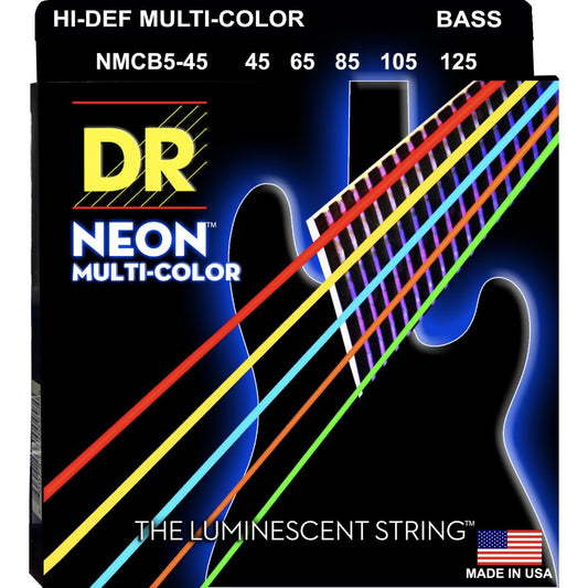 DR Strings HI-DEF NEON - Multi-Color Colored Bass Strings: 5-String Set, Medium 45-125, NMCB5-45