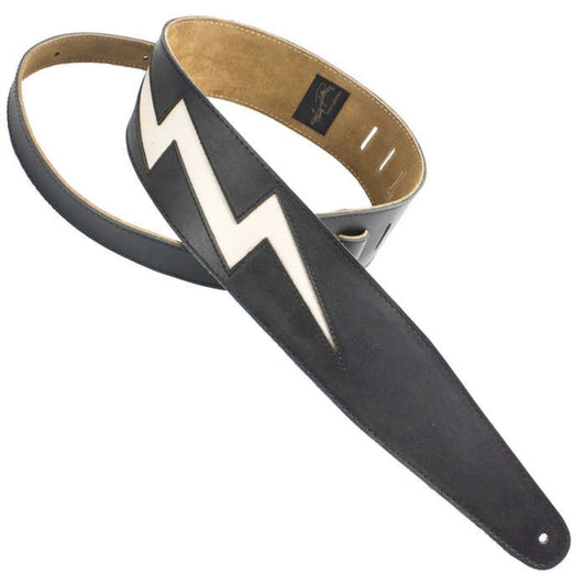 Henry Heller Peru Black Leather 2.5" Guitar/Bass Strap with Modern Rocker Bone White Bolt (HPLB-BLK)