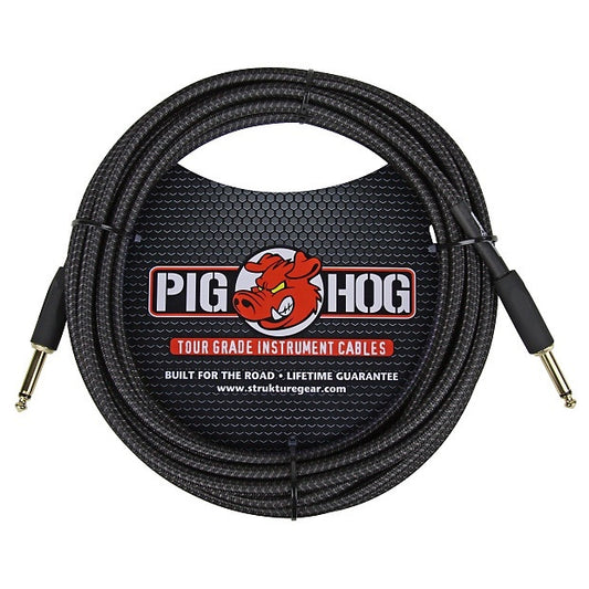 Pig Hog "Black Woven" Tour Grade Instrument Cable, 20ft, 1/4"-1/4" Straight Plugs (PCH20BK)