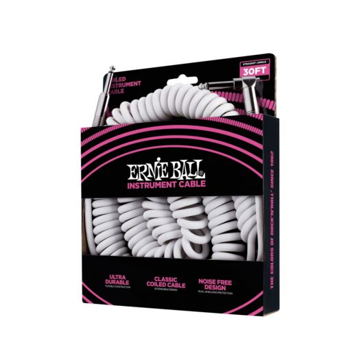 Ernie Ball 30' Coiled Straight / Angle Instrument Cable, White