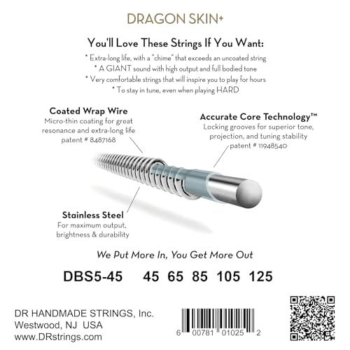 DRAGON SKIN+ - Coated Stainless Steel Bass Strings – DBS5-45 – Superior Sound with Comfortable Feel & Long Life: 5 String Medium 45-125