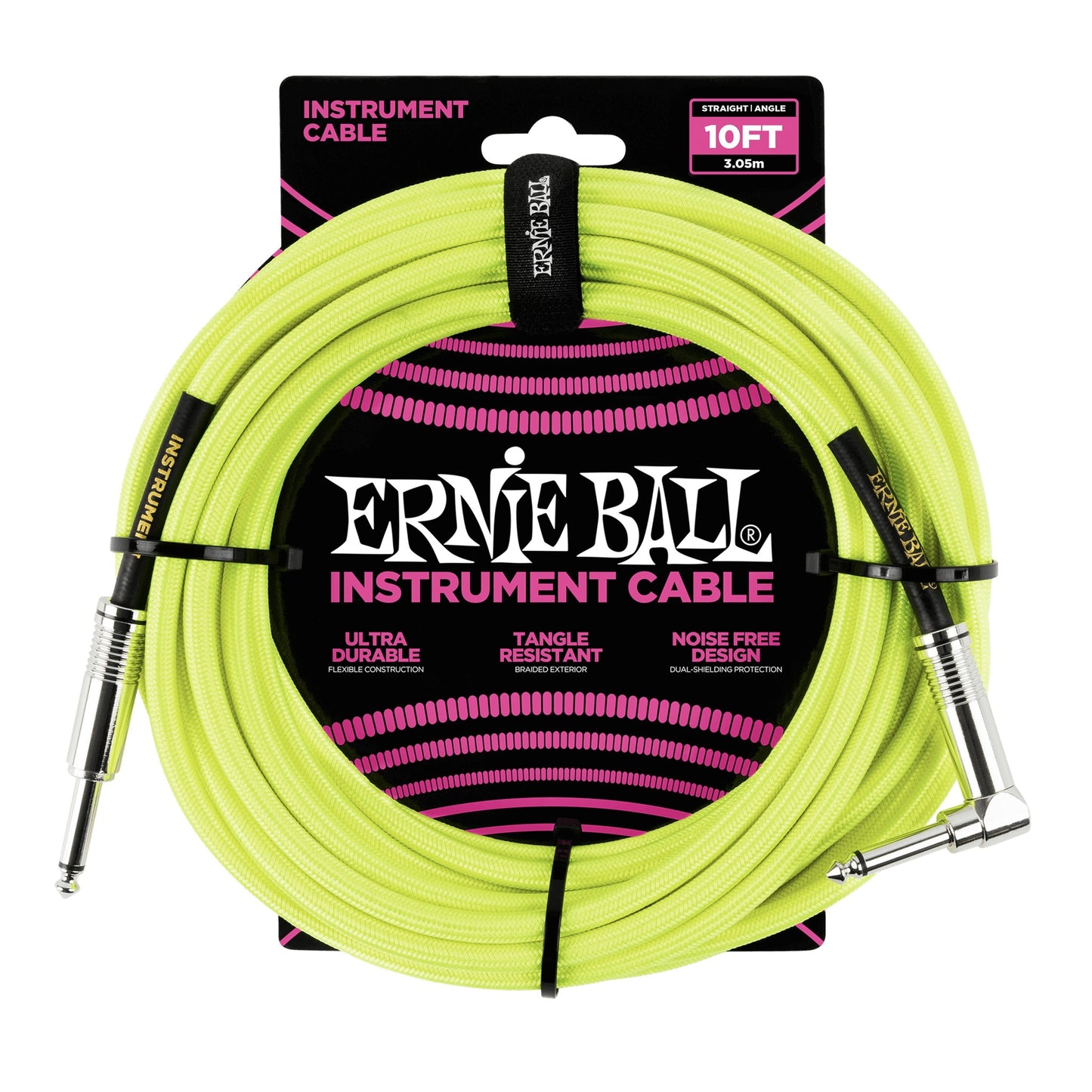 Ernie Ball 10' Braided Straight / Angle Instrument Cable, Neon Yellow