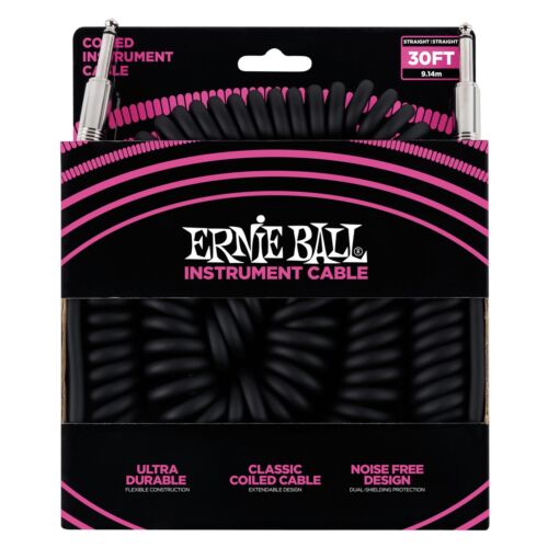 Ernie Ball 30' Coiled Straight / Straight Instrument Cable, Black