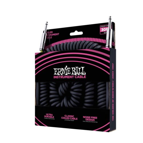 Ernie Ball 30' Coiled Straight / Straight Instrument Cable, Black