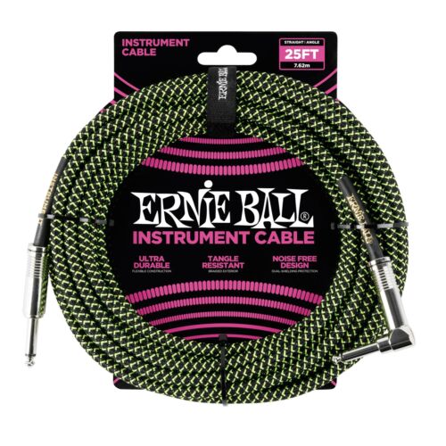 Ernie Ball 25' Braided Straight / Angle Instrument Cable - Black / Green