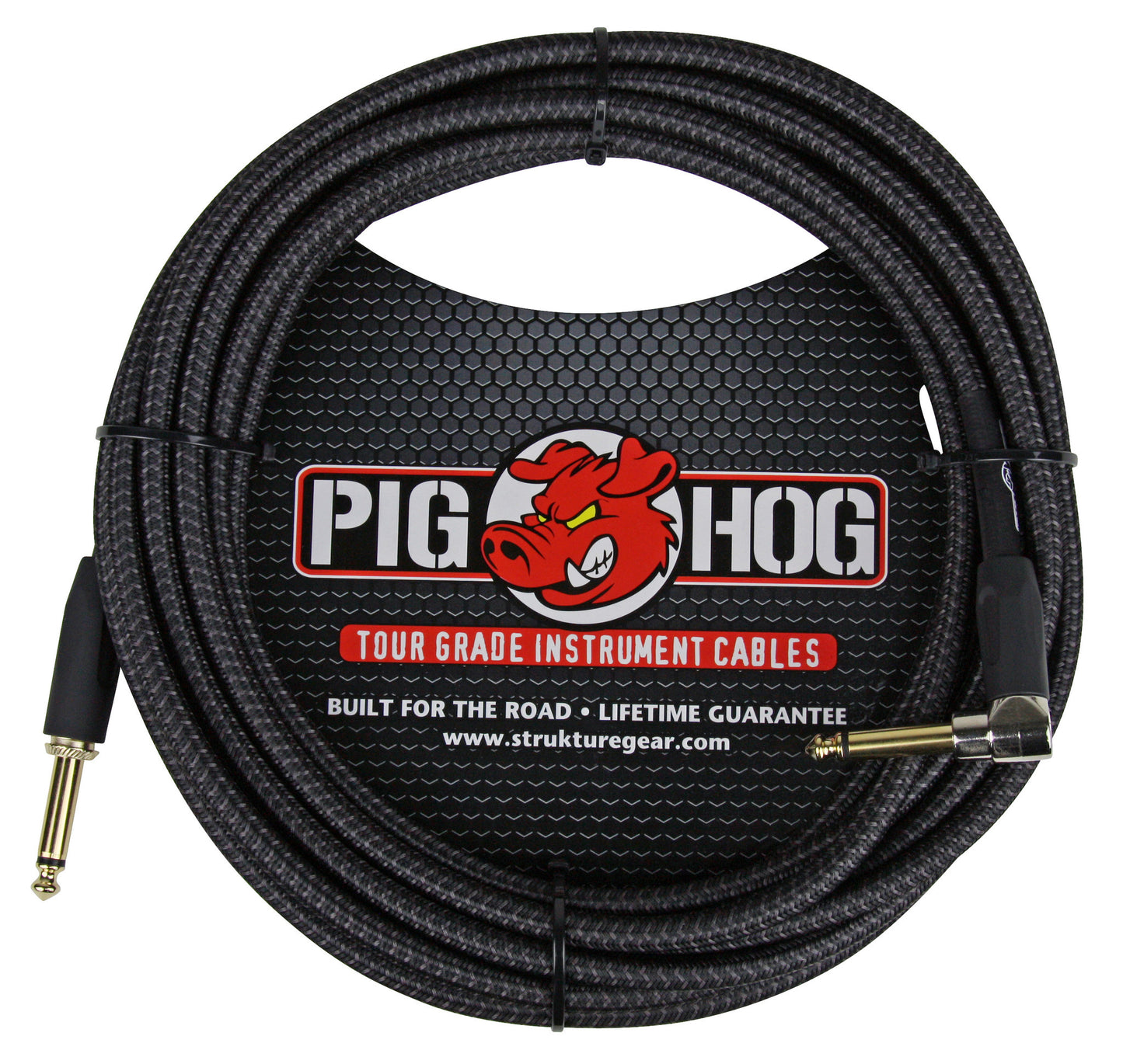 Pig Hog "Black Woven" Tour Grade Instrument Cable, 20ft Right Angle PCH20BKR