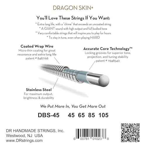 DRAGON SKIN+ - Coated Stainless Steel Bass Strings – DBS-45 – Superior Sound with Comfortable Feel & Long Life: Medium 45-105